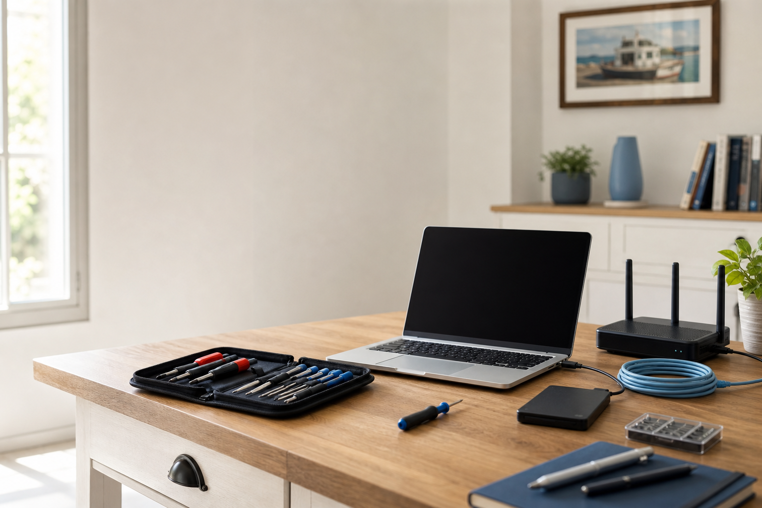 Poste informatique propre avec ordinateur portable et outils de dépannage